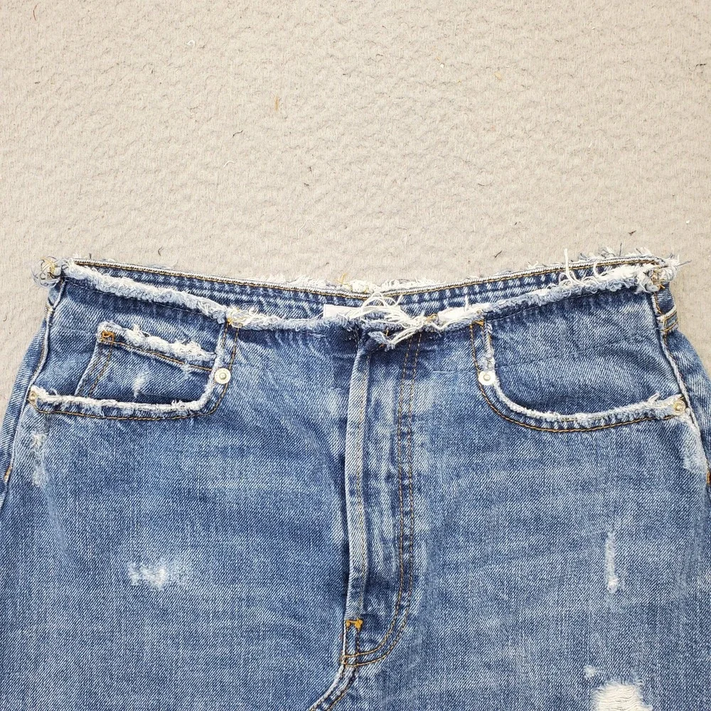 Zara Premium Denim Mini Skirt Womens Medium Blue Distressed Frayed Hem 5-Pocket